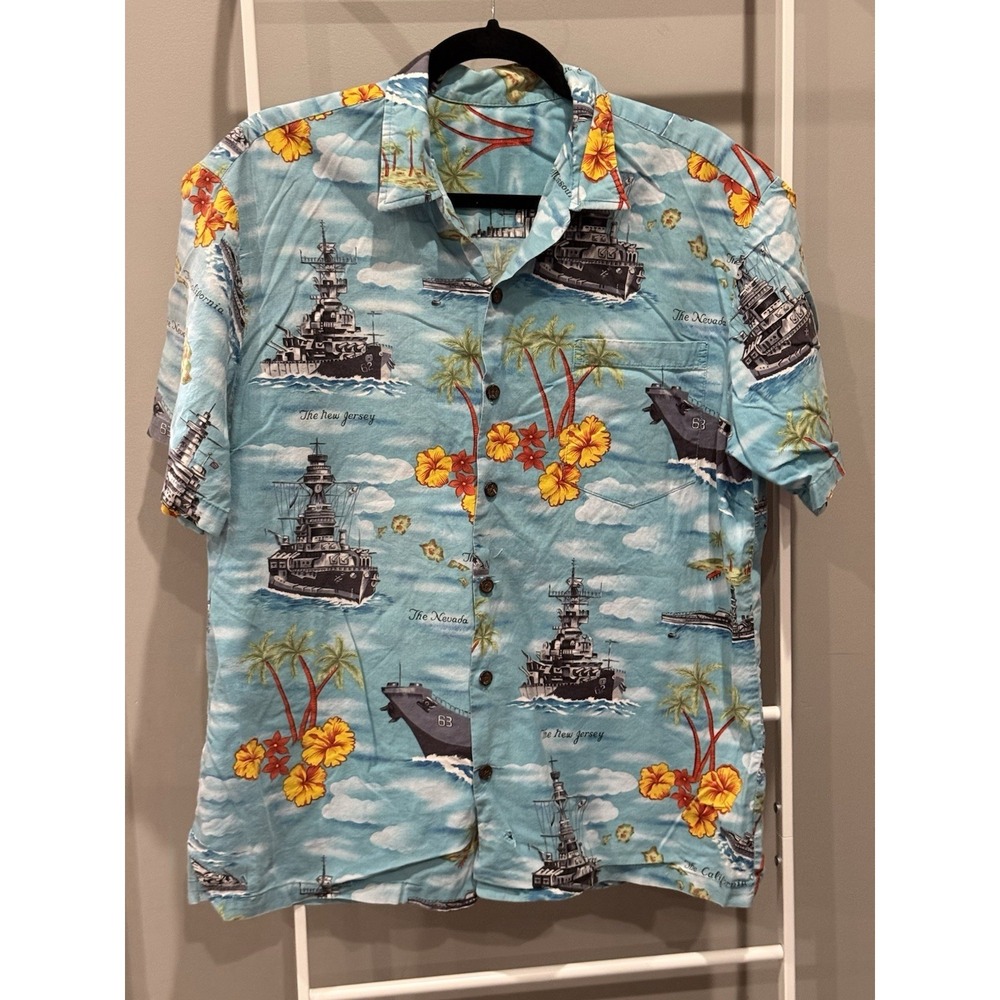 KALAHEO Vtg Mens Hawaiian Shirt Sz L WW2 Pearl Harbor Memorial Navy Battleships